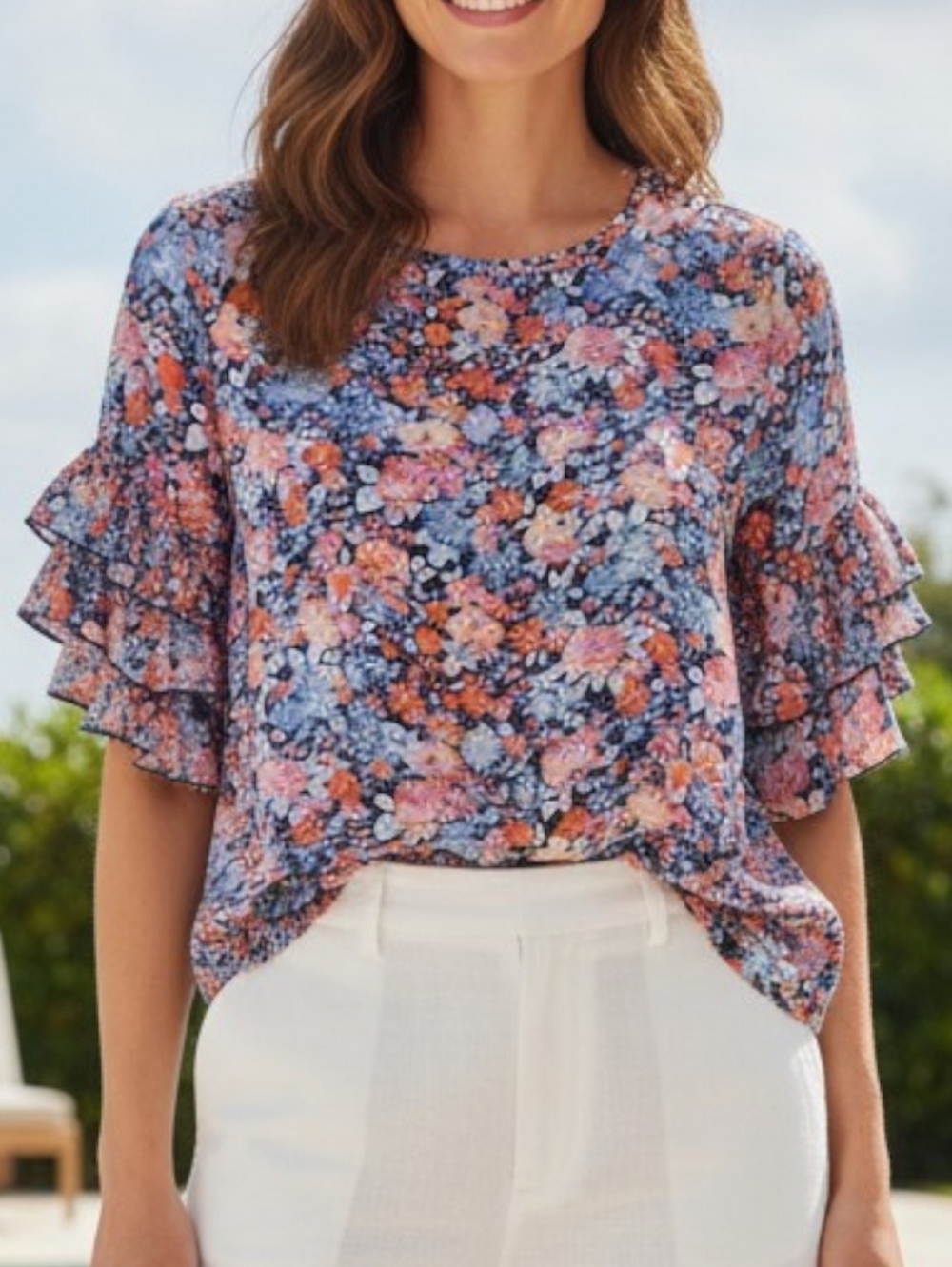 Lauren Hansen - NWT,  Floral Blouse, Ruffled  Short Sleeve, Round Neck, Size  S